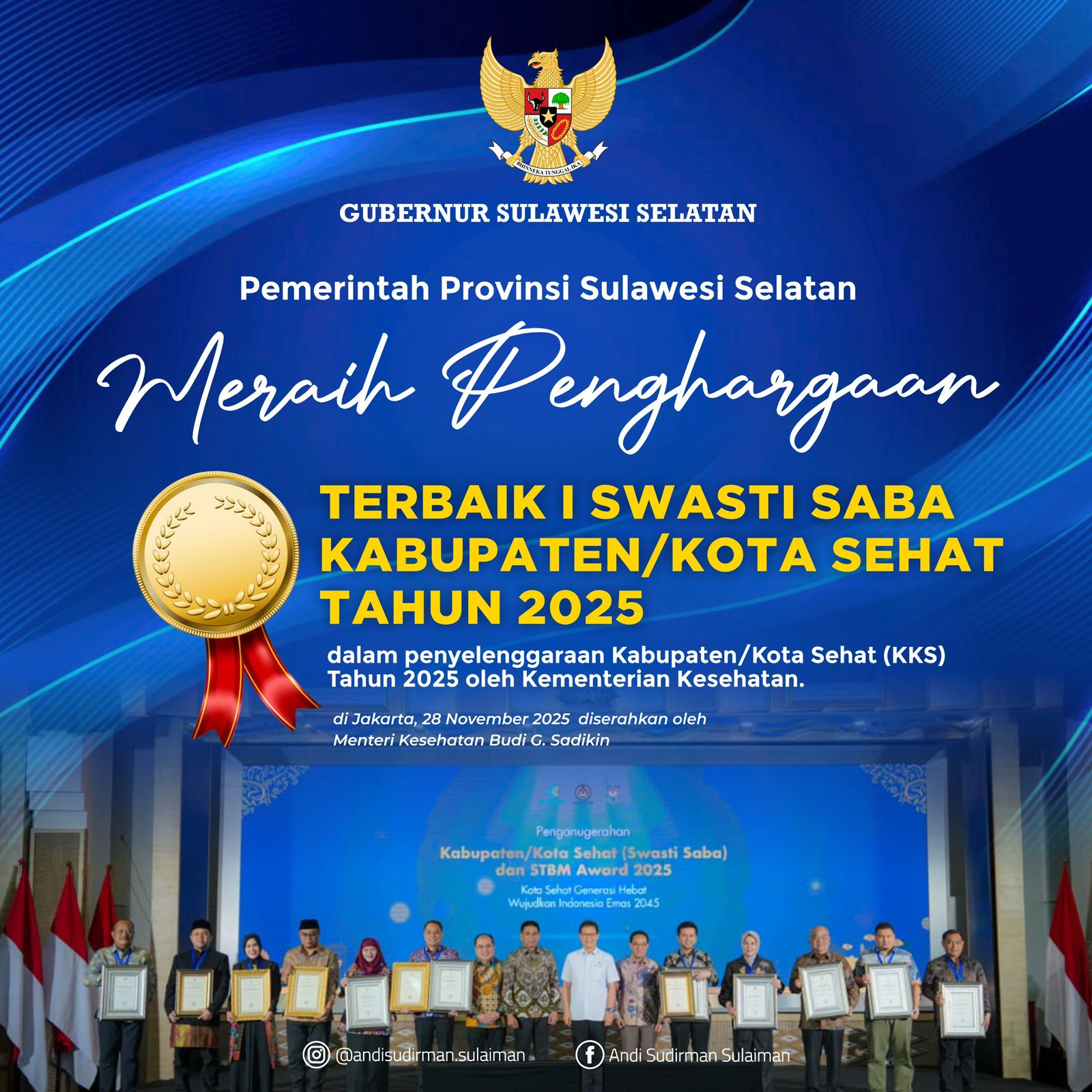 Pemprov Sulsel Raih Penghargaan Terbaik 1 Swasti Saba Kabupaten/Kota Sehat 2025